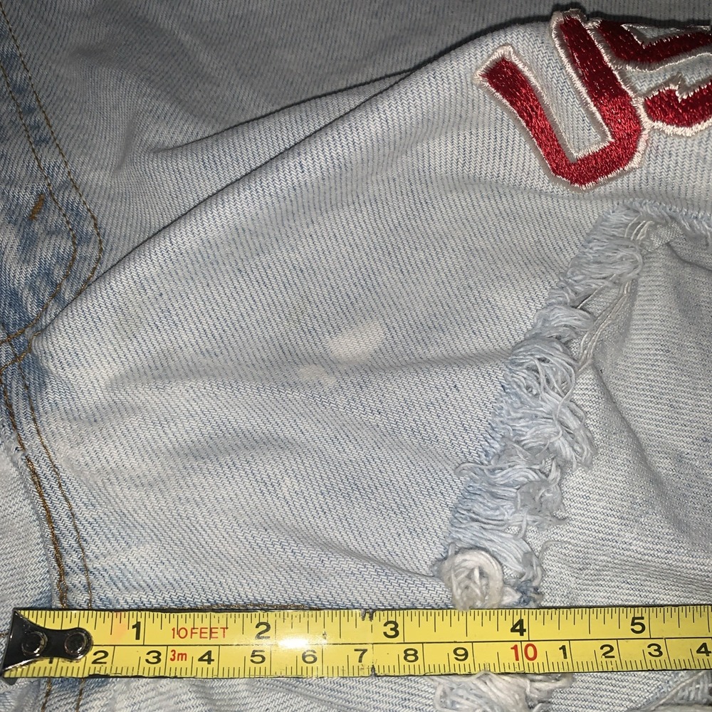 VTG Levis USA Flag Reworked High Rise Cut Off frayed Denim Shorts Distressed 30" - Picture 11 of 13